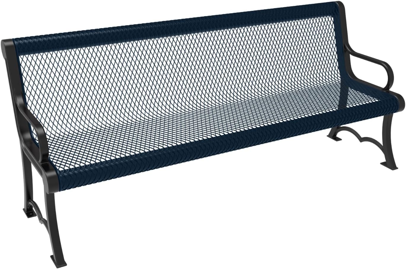 Coated Outdoor Furniture Heavy-Duty Outdoor Bench Thermoplastic Coated, Expanded Metal, Commercial-Grade Garden Bench, Made in America (Portable with Back, 6 Ft, Dark Blue)