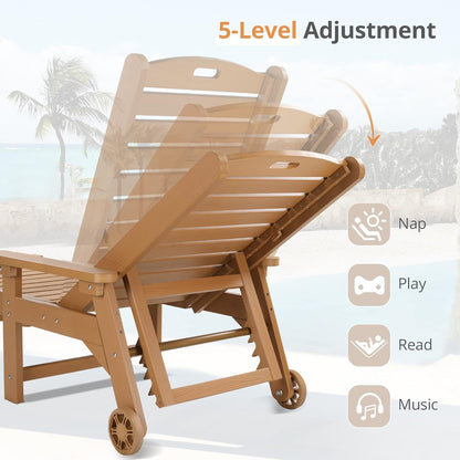 LUE BONA Outdoor Chaise Lounge, 79'' Oversized HDPS Chaise Lounger, 5 Positions Adjustable Lounge Chairs, Pool Lounge Chair with Wheels for Poolside, Backyard, 3 Year Warranty, Teak Color