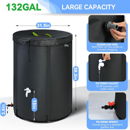 Upgraded 132 Gallon Rain Barrel Water Tank - Portable Rain Water Collection Barrel - Large Water Storage Tank - Stable Water Barrels Rain Catcher with Spigot Overflow Kit, Black