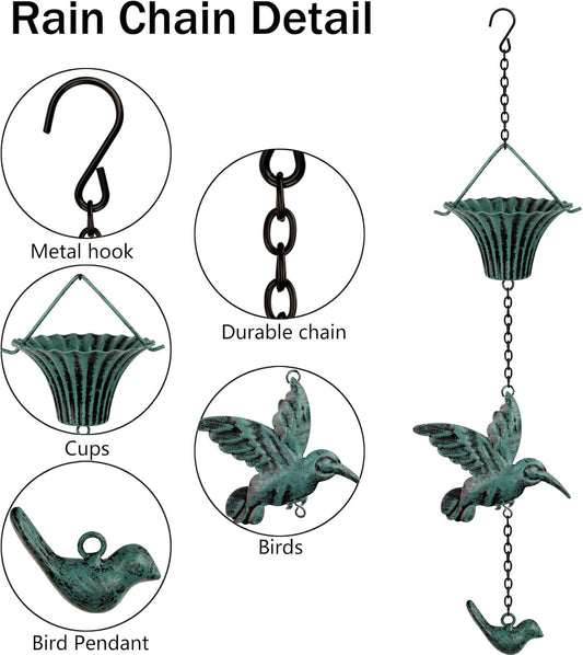 Rain Chain 8 FT,Wrought Iron Rain Chains for Gutters,Rain Chains for Outside with Hummingbird and Cup Rain Chains,Rainwater Catcher Chain, Outdoor Garden Decor(Antique Blue)