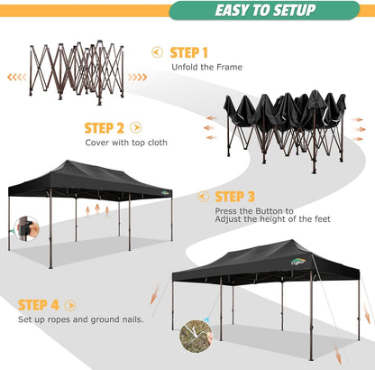 COBIZI 10x20 Pop Up Canopy Heavy Duty Without Sidewalls, Commercial Heavy Duty Pop Up Tent for Parties All Weather Waterproof and UV 50+ Wedding Tent with Roller Bag(Legs Upgraded),Black