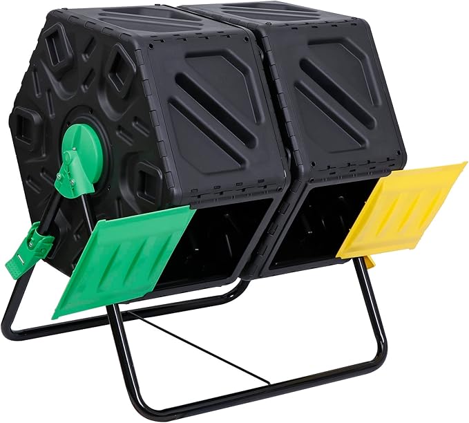 HomGarden Large Dual Chamber Compost Tumbler Heavy-Duty Outdoor Bin Composter with 2 Sliding Doors Easy-Turn, All-Season 37 Gallon High Volume Composter Black