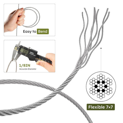 1/8 Inch Stainless Steel Cable Kit 100FT, 7 x 7 Strand Wire Rope with Aluminium Sleeves & Thimbles for Deck Railing, String Light Hanging, Shade Sail, Garden and DIY Projects