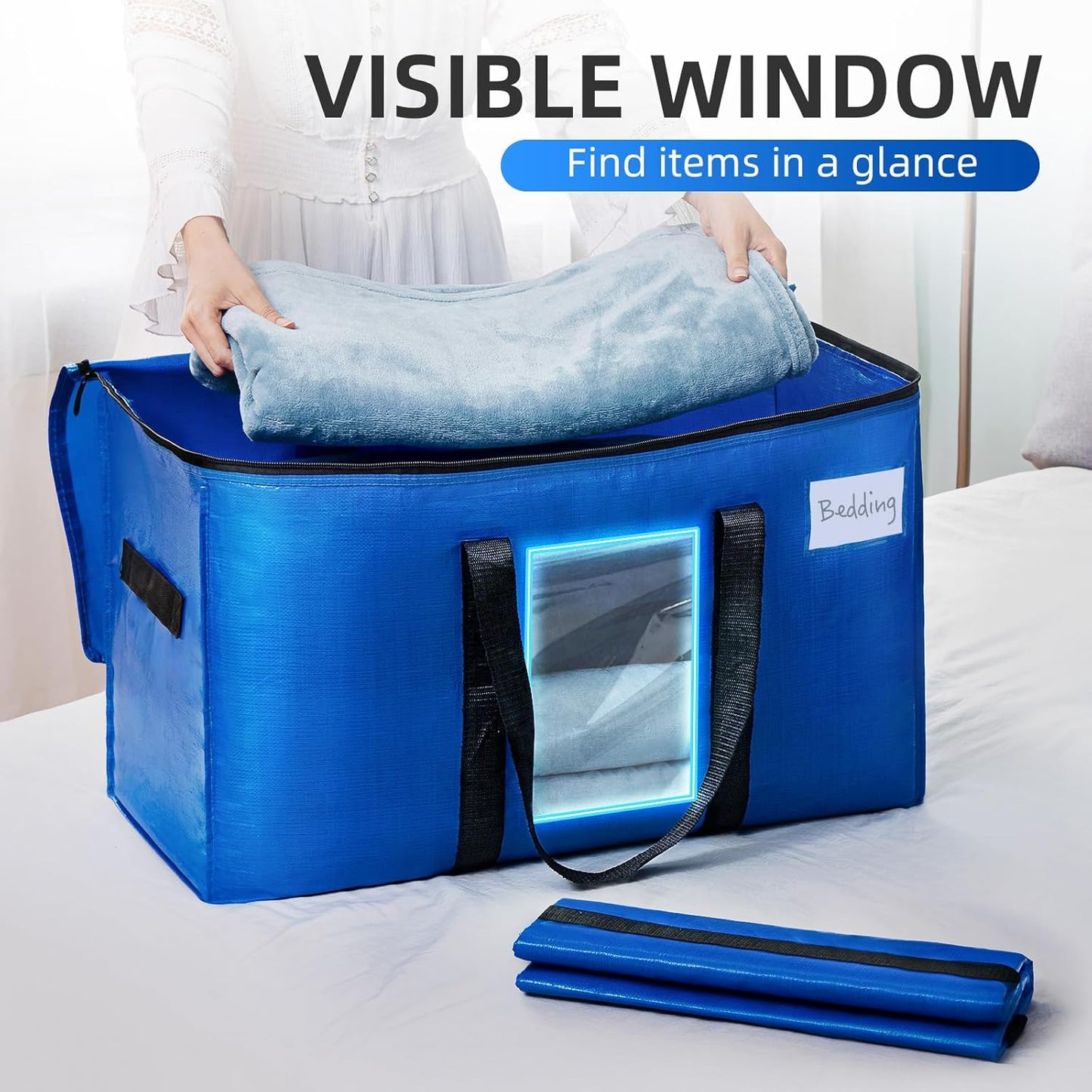 TAILI Extra Large Moving Bags, 8 Pack Blue Heavy Duty Totes For Storage with Visible Window, Wrap Around Handles, Storage Bags for Space Saving, Alternative to Moving Boxes