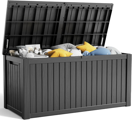 180 Gallon Resin Deck Box, Lockable Patio Outdoor Storage Box for Furniture, Garden Tools and Tools Storage, Waterproof Outside Storage Boxes - Black