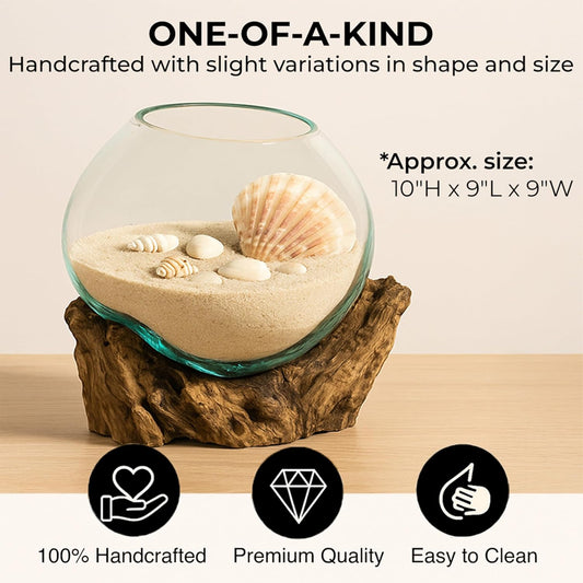 Cape Craftsmen 10" H Hand-Blown Blue Tinted Bubble Glass On Natural Teak Driftwood Terrarium | Home Décor Indoor Planter with Stand | Pot for Succulent and Plants