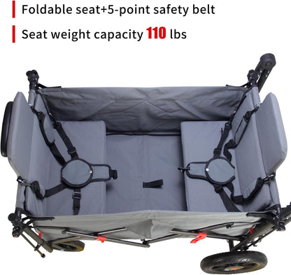 TMZ Collapsible Foldable Wagon Cart with Quick-Release Wheels and 2 Seats, Heavy Duty Wagon 265LBS Load Capacity for Camping Garden Shopping (Grey)