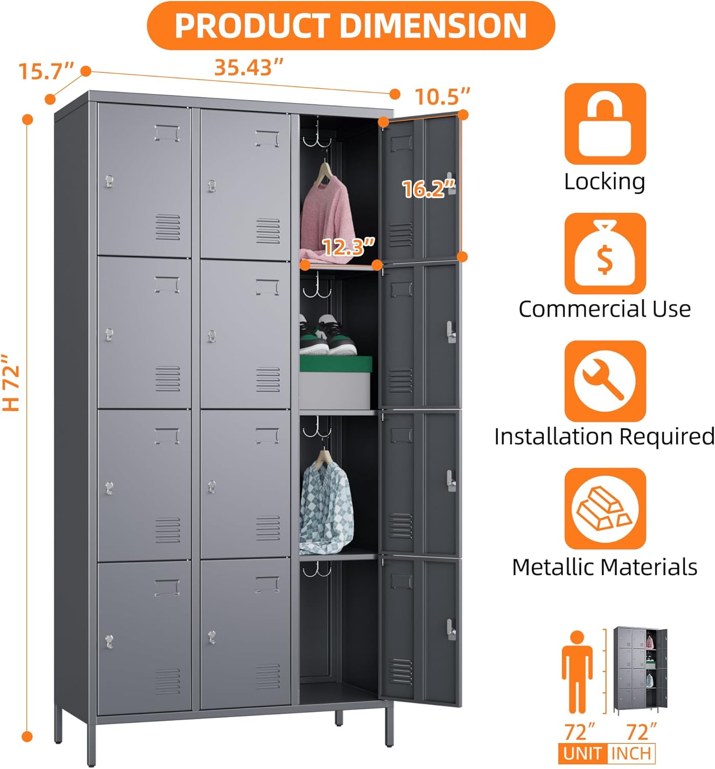 12 Doors Metal Lockers for Employees with 12 Hooks, Storage Locker with Business Card Holder for Office Gym School Bedroom, Assembly Required, Dark Gray