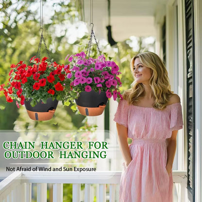 10 Inch Hanging Planters for Indoor Plants, 2 Pack Self Watering Hanging Baskets Flower Pots with Drainage Hole, Visual Reservoir & 2 Kinds of Plant Hanger for Outdoor Garden Home Decor（Black）