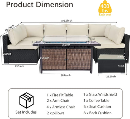 25-Pc Patio Furniture Set - 7 Piece Outdoor Rattan Sofa Set with 57" Fire Table and 17 Accessories, Modular Sofa Set for Garden/Poolside, Beige/Black