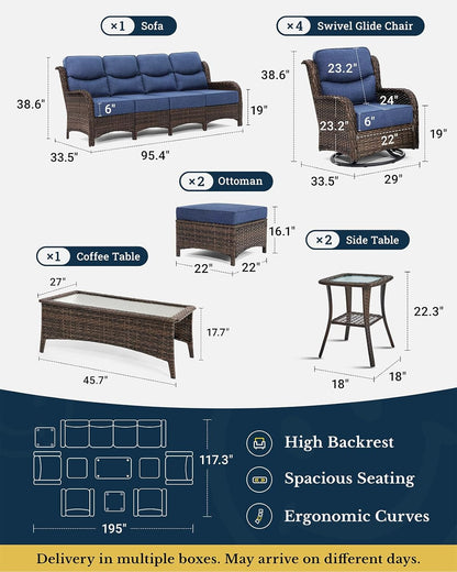 HILLGA Luxury Patio Furniture Set with 6-inch Thick Cushion, Outdoor Sectional Sofa and High Back Swivel Rocker Patio Chairs, 10PCS Wicker Conversation Set for Deck Yard and Poolside, Blue (V2)
