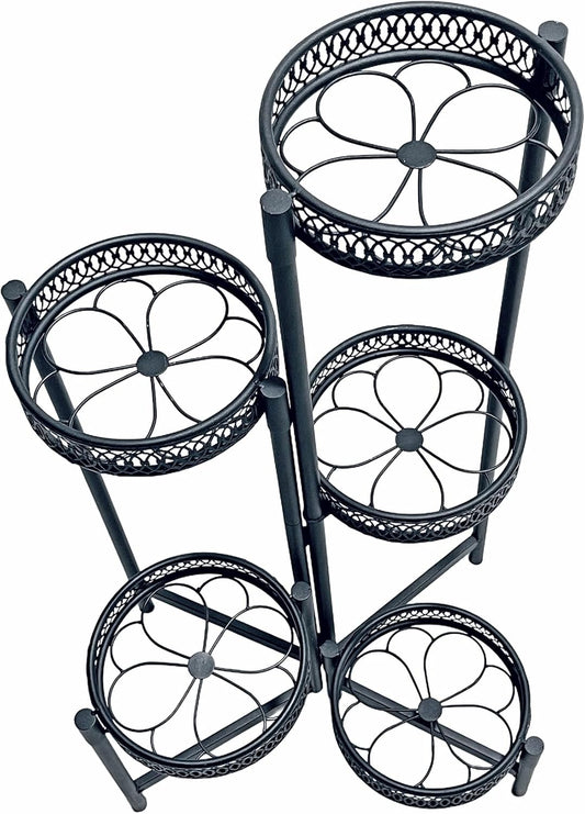 Plant Stand Indoor Outdoor, 5 Tier Corner Metal Flower Display Holder Stand, Folding Tall Plant Rack for Patio Balcony Porch Garden Living Room House, Heavy Duty Wrought Iron Plant Shelf - BlackFlower