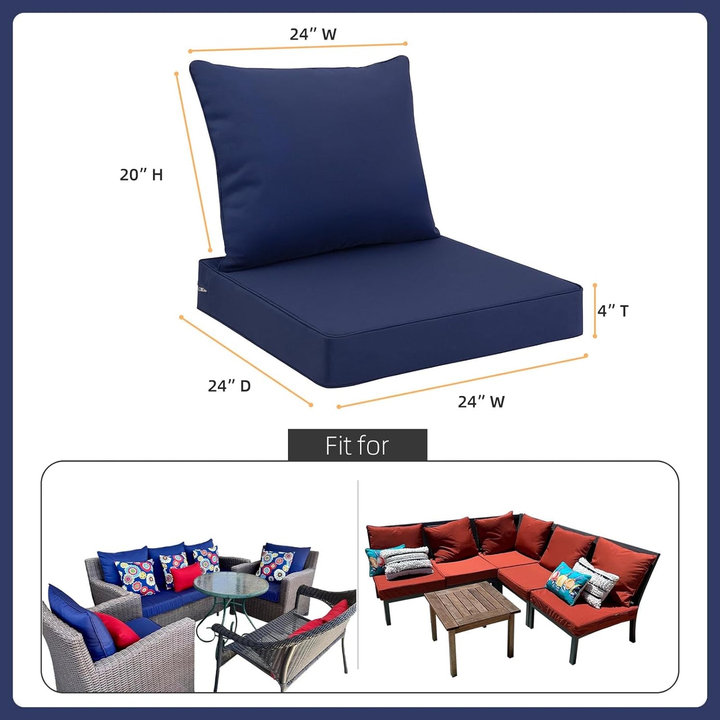 Favoyard Outdoor Seat Cushion Set 24 x 24 Inch Waterproof & Fade Resistant Patio Furniture Cushions with Removable Cover, Handle and Adjustable Straps for Chair Sofa Couch