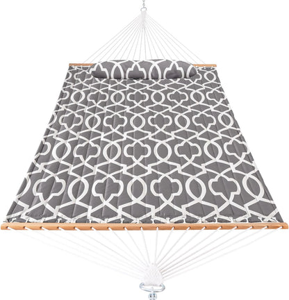 Lazy Daze Hammocks 12FT Quilted Fabric Hammock with Pillow, Double 2 Person Hammock with Spreader Bar for Outdoor Outside Patio Garden Yard HMQF-001GF