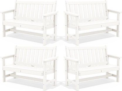 SERWALL Outdoor Bench, HDPE Outdoor Benches Weatherproof, 2-Person Garden Bench with 660 lbs Weight Capacity, Patio Benches for Outdoors, Garden, Porch, Backyard and Park, White, 4 Pack