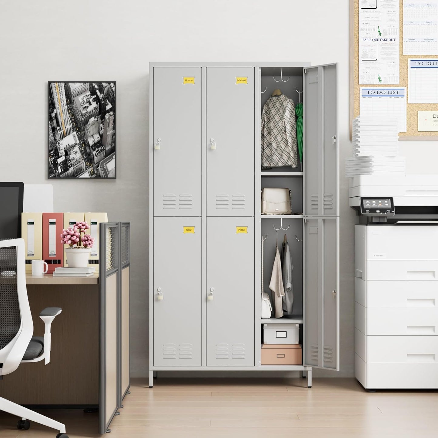 6 Doors Metal Lockers for Employees with 6 Shelves and 18 Hooks, Storage Locker with Business Card Holder for Office Gym School Bedroom, Assembly Required, Light Gray
