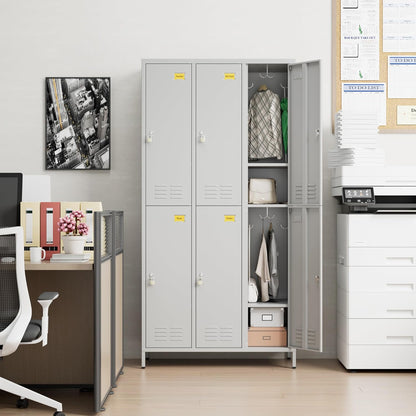 6 Doors Metal Lockers for Employees with 6 Shelves and 18 Hooks, Storage Locker with Business Card Holder for Office Gym School Bedroom, Assembly Required, Light Gray