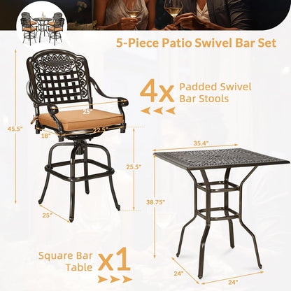 5 Pieces Patio Swivel Bar Set, Patio Bar Table and Chairs Set, All-Weather Cast Aluminum Outdoor Swivel Bar Stools of 4 and 35.4" Square Bar Table, High Top Bistro Set for Deck, Pool, Garden