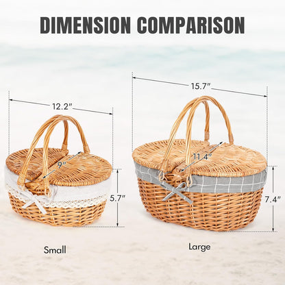 Happypicnic Wicker Picnic Basket with Handle, 15" Large Empty Picnic Basket with Lid & Removable Liner, Vintage Hand Woven Basket for Picnics, Camping, Veg Picking, Mother's Day, Thanksgiving (Check)