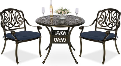 MEETWARM 3 Piece Patio Bistro Set, Outdoor All-Weather Cast Aluminum Dining Furniture Set Includes 2 Cushioned Chairs and a 35.4” Round Table with Umbrella Hole for Garden Deck, Navy Blue