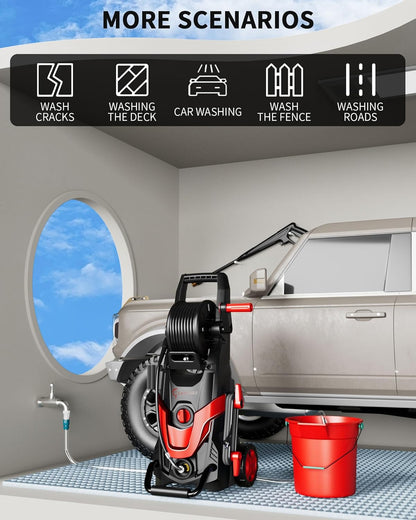 Pressure Washer, Power Washer with 6 Quick Connect Nozzles, Inlet Hose & Filter&Foam Cannon for Cars/Fences/Driveways/Patios/Home Cleaning (Red)