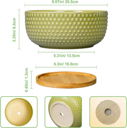 Bonsai Planter - 8 Inch Ceramic Succulent Pots with Drainage Hole and Saucer for Indoor Plants, Boho Shallow Round Planter Bowl, Desk Decor, Garden Lover Gifts, Green