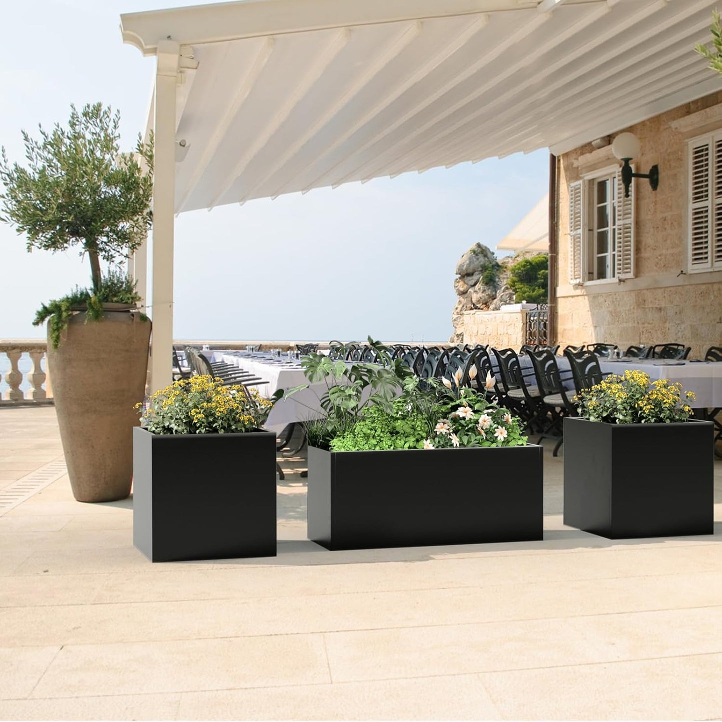 Long Metal Planter Box for Outdoor Plants 15" W x 38" L x 16.25" H, Heavy Duty Steel Rectangular Planter Box with Removable Insert Shelf, Modern Décor for Outside, Indoor, Garden (Black)