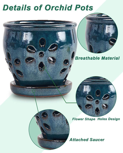 vensovo 5 Inch Ceramic Orchid Pots with Holes and Saucers - 1 Pcs Small Succulent Pot for Repotting, Garden Flowerpots for Plants Indoor and Outdoor Promotes Air Circulation, Blue