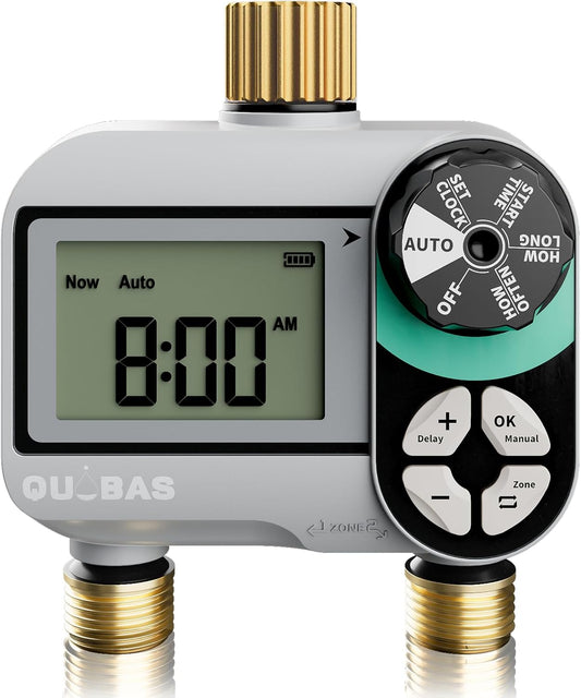 QUOBAS 2 Zone Sprinkler Timer with Brass Inlet & Outlet, Programmable Water Timer for Garden Hose with Rain Delay/Manual Watering/Automatic Irrigation Controller System for Yard, Lawn