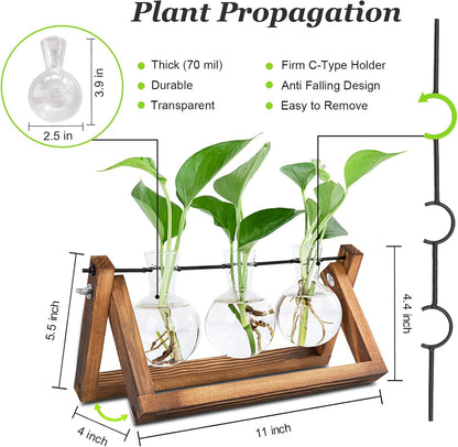 Plant Propagation Station, Plant Terrarium with Wooden Stand, Unique Gardening Birthday Gifts for Women Plants Lovers, Home Office Garden Decor Planter - 3 Bulb Glass Vases