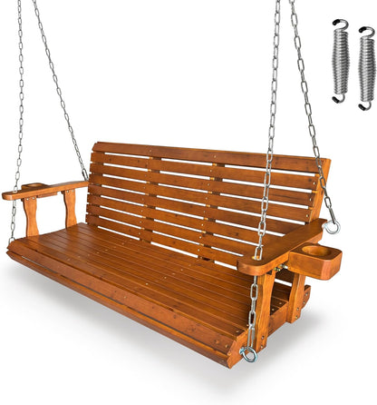 Wooden Porch Swing 3-Seater, High Backrest and Deep Seat, Bench Swing with Cupholders, Hanging Chains and 7mm Springs, Heavy Duty 880 LBS, for Outdoor Patio Garden (Cedar Tone, 5 FT Extra Large)