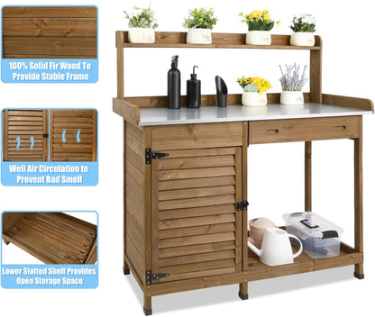 Outdoor Garden Potting Bench Table, 41" L Wooden Potting Table Work Bench for Horticulture, Waterproof Workstation Table with Metal Tabletop/Cabinet/Drawer/Open Shelf (Brown)