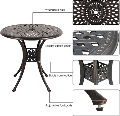 COBANA Patio Bistro Table, 31’’ Round Cast Aluminum Outdoor Dining Retro Side Table with 2’’ Umbrella Hole, Bronze