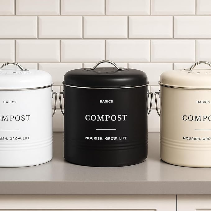 D'Lifeful Kitchen Compost Bin – 1.3 Gallon Countertop Farmhouse Compost Container with Lid – Odorless Indoor Food Scrap Pail with 6 Charcoal Filters – Eco-Conscious and Easy to Clean (White)