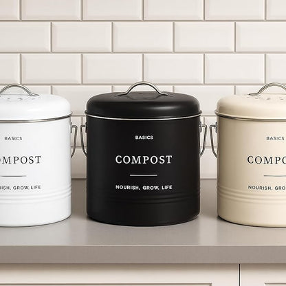 D'Lifeful Kitchen Compost Bin – 1.3 Gallon Countertop Farmhouse Compost Container with Lid – Odorless Indoor Food Scrap Pail with 6 Charcoal Filters – Eco-Conscious and Easy to Clean (White)
