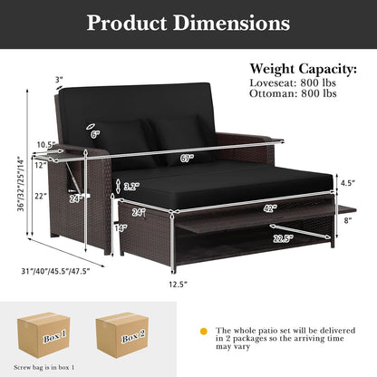 Tangkula Patio Rattan Daybed Set, Wicker Loveseat Sofa w/Multipurpose Ottoman & Retractable Side Tray, 4-Level Adjustable Backrest, Footstool w/Storage, Seat & Back Cushion Included (Black)