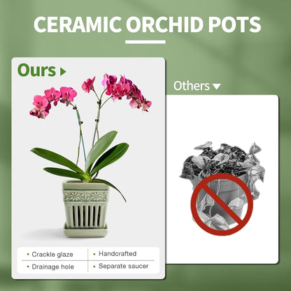 Orchid Pots with Holes | 5" Ceramic Orchid Planter with Separate Saucer and Drainage Holes | Glazed Pottery Small Flower Pot for Repotting Orchids(Green)