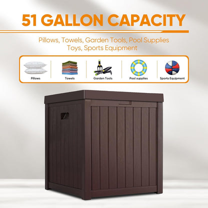 51 Gallon Resin Deck Box, Outdoor Storage Box Waterproof for Patio, Garden, Pool, and Deck, Storage Solution for Cushions, Tools, Delivery Packages, Brown