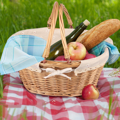 2 Pack Medium Size Oval Willow Basket with Handle, 12.6x9x4.7 Inch Wicker Picnic Basket with Liner, Empty Gift Basket, Wicker Basket for Fruit, Candy, Wine, Gathering, Wedding, Picnic, by GNIEMCKIN
