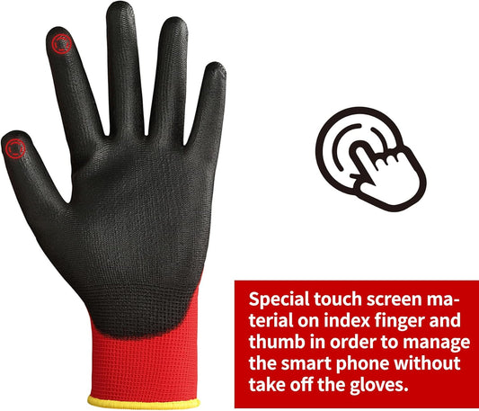 DULFINE Safety Work Gloves PU Coated for Men and Women-12 Pairs,Red Seamless Knit Glove with Two Fingers Touchscreen,Ideal for General Duty Work (Large)