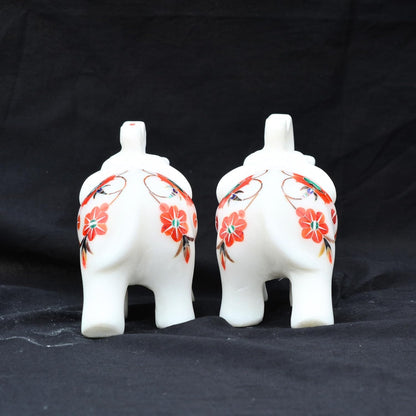 Marble Inlay Elephant Statue 4" Inch (2 Piece) Hakik Stone Inlay Work Semi Precious Stone - Hand Carved Artistic Sculpture Perfect for Home & Office Decor Elegant Decor for Any Space