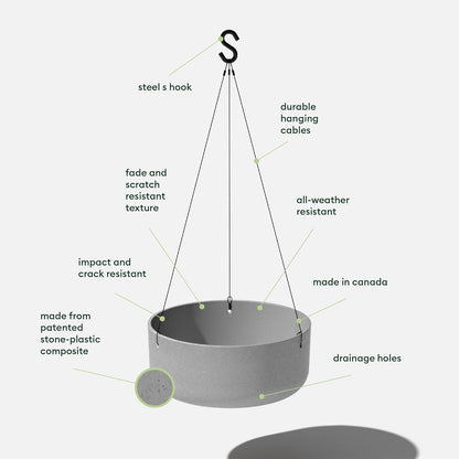 Veradek Mason Series Hanging Kona Planter - Round Planter for Outdoor Balcony/Patio | Made from Plastic-Stone Composite with Hanging Attachment | Modern Décor for, Flowers, Succulents, Small Plants