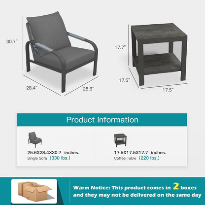 3 Piece Outdoor Bistro Set, Rattan Patio Furniture with Aluminum Frame & Coffee Table, Waterproof Cushion Fabric, High Elastic Sponge, Grey Terrace Patio Set