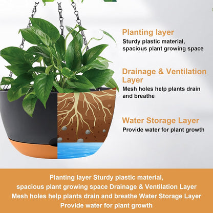 10 inch Plant Pot Hanging Planters Self Watering Pots for Indoor Plants, 3 Pack Plastic Hanging Basket with Removable Tray for Home Garden Porch Balcony Patio Decor(Black)