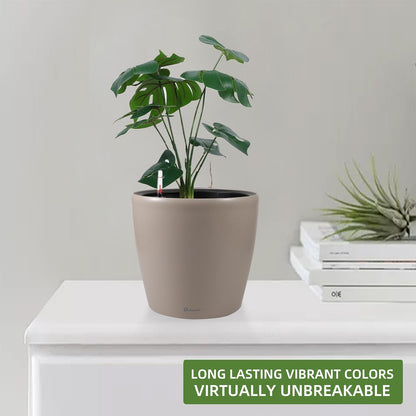 Dexceder 11x10 Inches Self Watering Planter Indoor Outdoor, Inner Pot Design, Thickened Table Flower Plant Pot with Water Level Indicator (Taupe Matte)