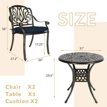 3-Piece Outdoor Patio Dining Set, All-Weather Cast Aluminum Patio Furniture Set for Backyard Garden Deck with 2 Cushioned Chairs and 31” Round Table, 2" Umbrella Hole, Navy Blue