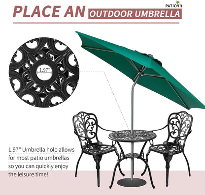 3 Piece Outdoor Bistro Set, Rustproof Outdoor Patio Furniture, Cast Aluminum Bistro Table Set with Umbrella Hole for Backyard, Balcony, Front Porch, Lawn, Pool (Black)