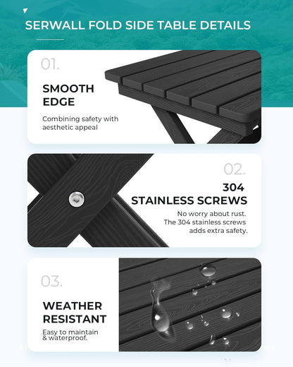SERWALL Folding Outdoor Side Table, HDPE Adirondack Side Table, Portable Outdoor End Table, Black