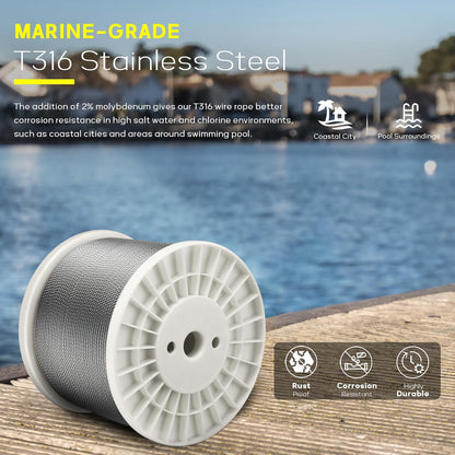 600FT 1/8" T316 Stainless Steel Cable, Wire Rope Aircraft Cable for Deck Cable Railing Kit and DIY Balustrades, 7x7 Strands Construction, Comes with a Cutter