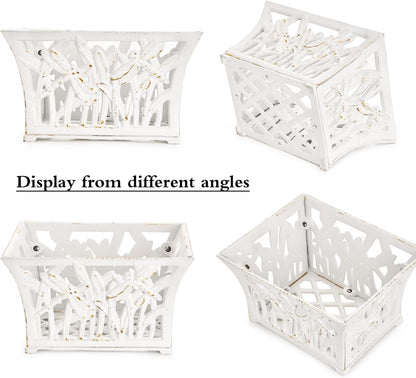 Sungmor Heavy Duty Cast Iron Planter Basket w/Non-Woven Growing Bag, Unique Shape & Beautiful Pattern Design, Hollow Orchid Flower Pot Garden Tools Holder, Rust White French Country Decor Container